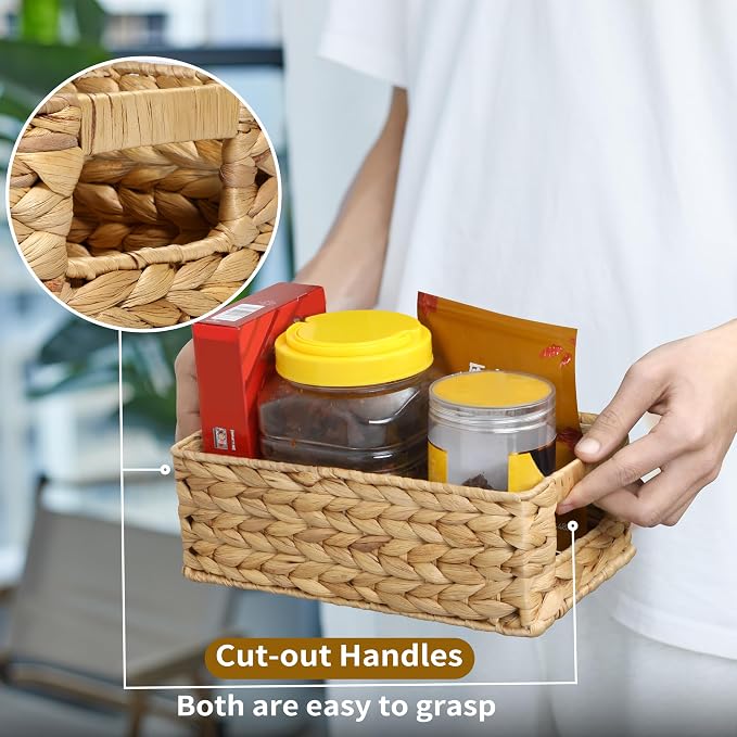 4 Small 3.6 QT Water Hyacinth Wicker Baskets for Shelves, 10" Long Woven Pantry Organizers and Storage Basket, Decorative Ratten Shallow Rectangle Baskets for Organizing Countertop Bathroom - Image 3