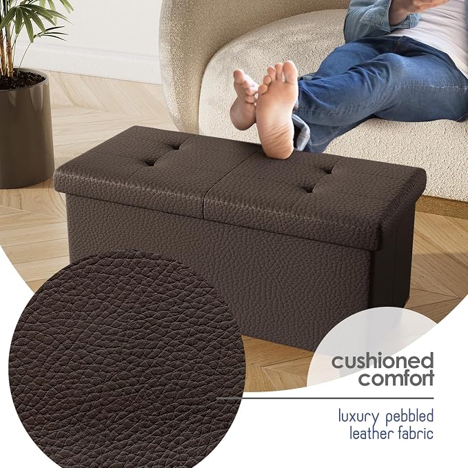 Storage Ottoman Bench with Bins, 30-in Storage Bench for Bedroom End of Bed, Folding Foot Rest Ottoman for Living Room Max 660lbs, Faux Leather Ottomans, Brown - Image 7