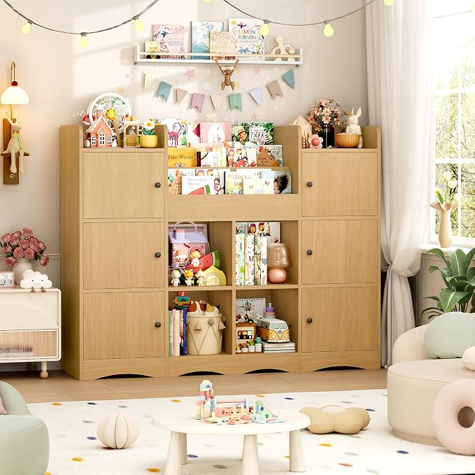 Toy Organizers and Storage with 10 Cubbies and 4 Tier Bookshelf | 55" Large Kids Bookshelf Toy Organizers and Storage with Raised-Edge Top Shelf, Playroom Storage and Toy Chest, Natural - Image 3