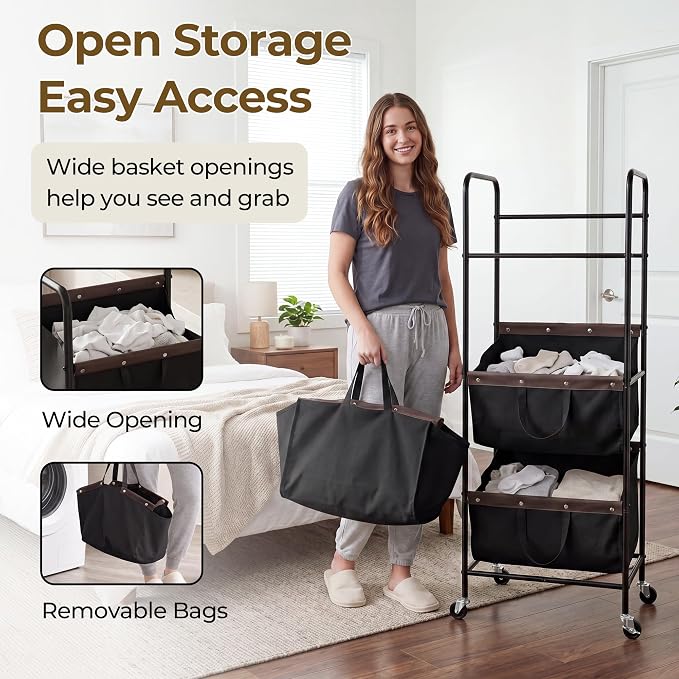 GRANNY SAYS 3 Tiered Laundry Sorter, Narrow Hamper Cart with Wheels | Sturdy 3 Section Laundry Basket with Wheels, Vertical Black Hamper Cart for Bedroom, Bathroom, Apartment - Image 4