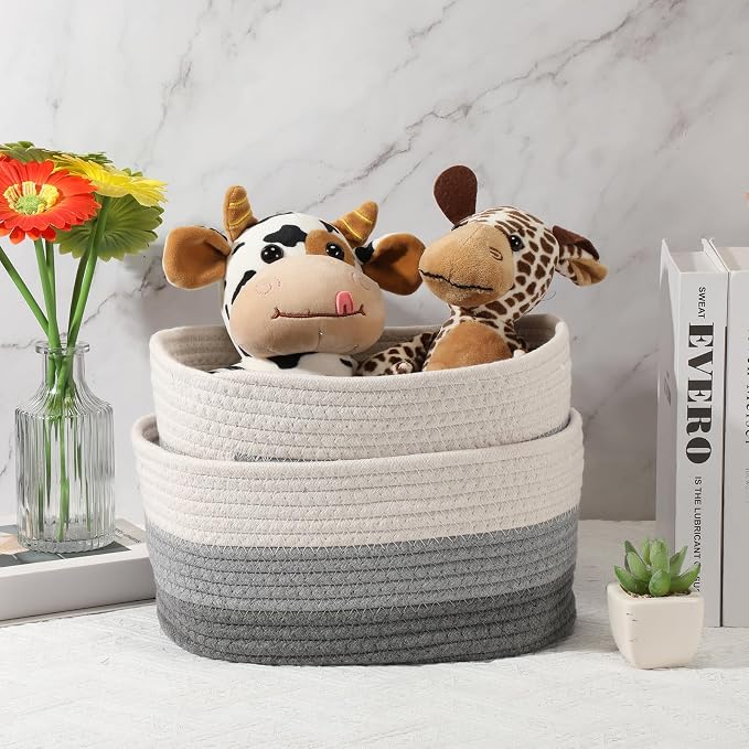 Sawysine 6 Pcs Storage Baskets Bulk for Organizing Cotton Rope Woven Basket with Handles for Gift Cloth Shelves Blanket Toys Living Room(Gray and White) - Image 3
