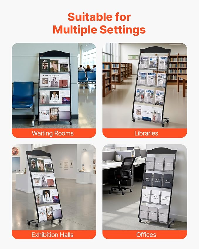 VEVOR Brochure Display Rack, 4-Tier Magazine Literature Display Stand with Wheels, Movable Floor Standing Magazine Rack, Heavy Duty Newspaper Catalog Holders for Shop Exhibitions Office Craft Fairs - Image 6