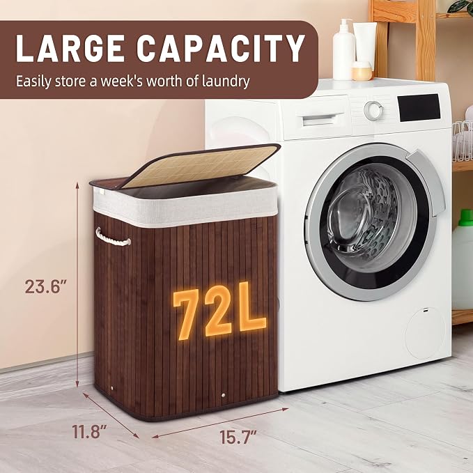 Aliphon 72L Slim Laundry Hamper with Lid, Foldable Bamboo Clothes Laundry Basket with Handles, Removable and Machine Washable Liner, for Bedroom, Bathroom, Dorm, Brown - Image 2