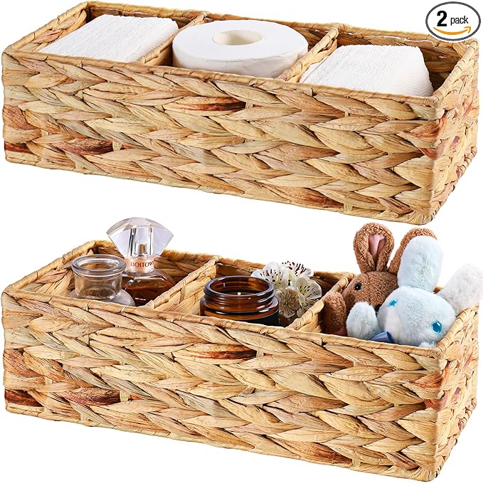 3 Section Wicker Storage Basket, Hand-Woven Water Hyacinth Storage Baskets, Wicker Baskets for Storage, Toilet Paper Basket for Toilet Tank Top, Small Baskets for Organizing Shelves, 2-Pack by Vagusicc