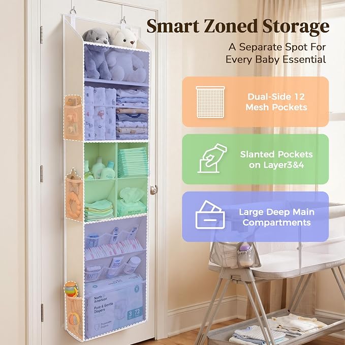 6-in-1 Over Door Hanging Organizer with 12 Mesh Pockets, 44 lbs Capacity, Warm Beige – Versatile Behind Door Storage for Baby Nursery, Newborn Essentials, Bedroom, Bathroom & Dorm - Image 2