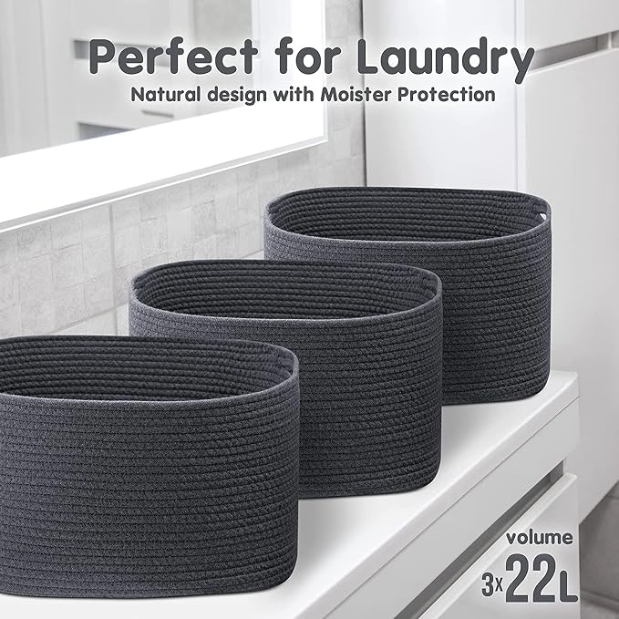 CHAT BLANC Cotton Rope Baskets for Organizing, Shelves, Toys, Storage, Shoe, Bathroom, Laundry, Towel, Nursery, Home Decor, Blanket, Cloth Woven Bins Fabric (Graphite, 15"x10"x9") - Image 7