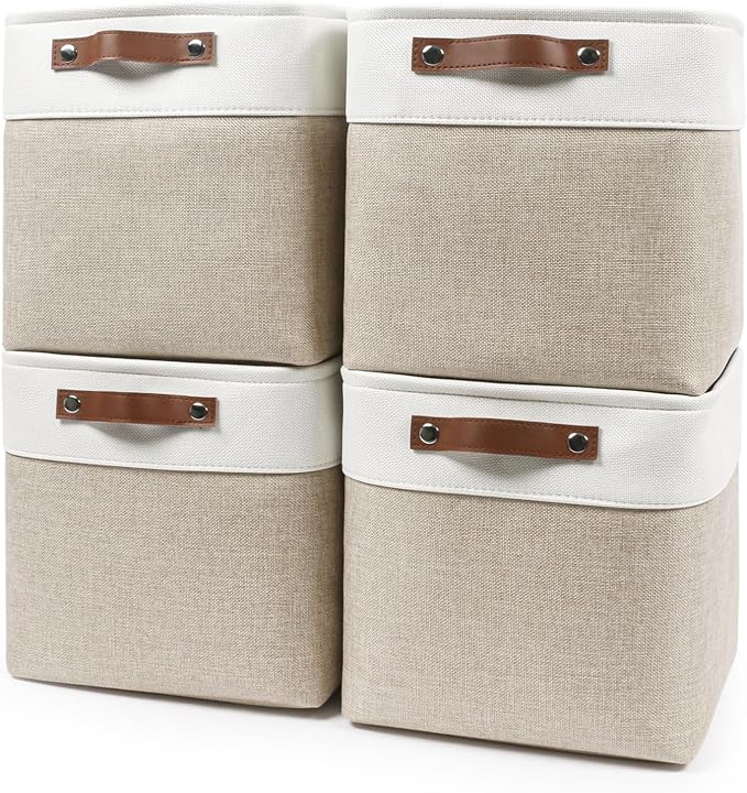 Collapsible Fabric Storage Cubes 11x11 Cube Storage Bins, 4 Pack Closet Baskets Box with Handles for Organizing, Shelf, Toys, Clothes, Home, Office, Nursery (Beige&White) by Bagnizer