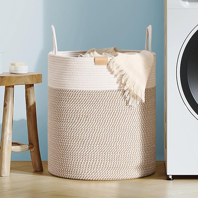 Nunsino 80L Laundry Hamper Basket,Baby Nursery Woven Storage Basket for Toys Bin,Pillows,Blankets,Clothes,Brown&White by Nunsino