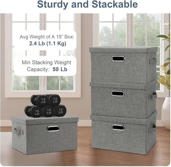 Graciadeco Medium 15" 21 Quart Collapsible Stackable Storage Bins with Lids, 1 Pack Gray Foldable Fabric Closet Storage Boxes with Lids, 4 Handles Heavy-duty Linen Cube Baskets for Bedroom | 21 Quart 1 Pack Gray1 Collapsible Stackable Linen Fabric 4 Ha... - Image 5