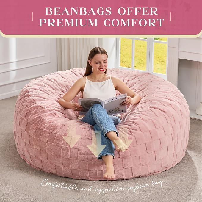 Hobestluk Adults Bean Bag Chair 5FT Big BeanBag Chair Giant Large Oversized | Memory Foam,Washable Cover,Unique Fluffy Plaid,Comfy Adult BeanBag with Filler Lounging Gaming Bedroom Living Room | Pink 5FT - Image 6