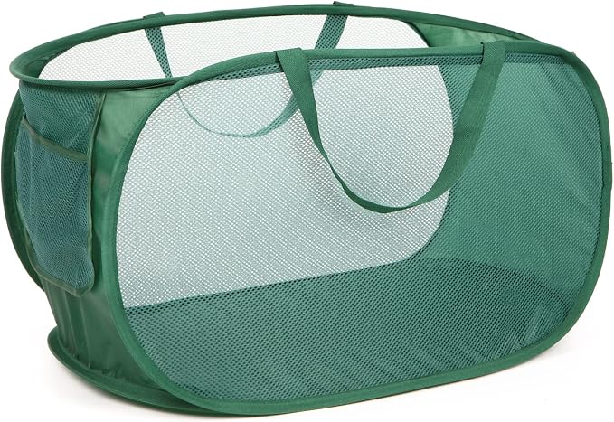 Sturdy Mesh Pop Up Laundry Hamper, Collapsible Laundry Baskets with Side Pocket, Foldable Clothes Hamper with Reinforced Carry Handles for Laundry, Bathroom, Kids Room, Dorm or Travel Emerald by Bemkoo