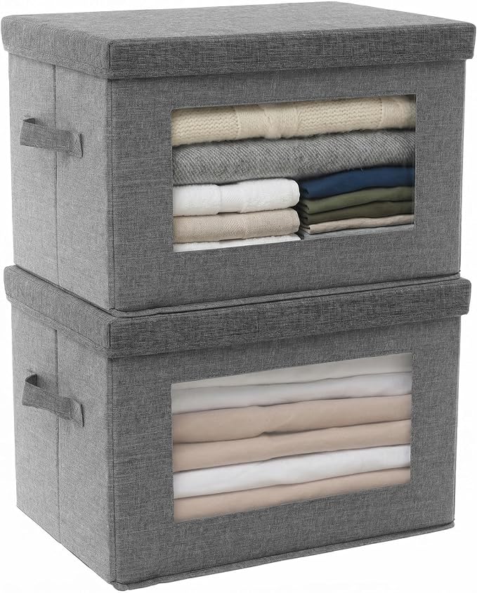 2-Pack Large Storage Bins with Lids & Clear Window, Foldable Fabric Closet Organizer Boxes, Stackable Cube Baskets with Soft Handles for Clothes & Blankets, 17”, Grey by Unknown