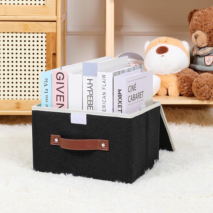 ANMINY Fabric Storage Box Bins with Lids, Black, 10"x8"x7" | Keepsake Memory Storage, Cotton Linen, PP Board Reinforced, Washable, PU Handles, Foldable & Stackable, Decorative, Small - Image 8