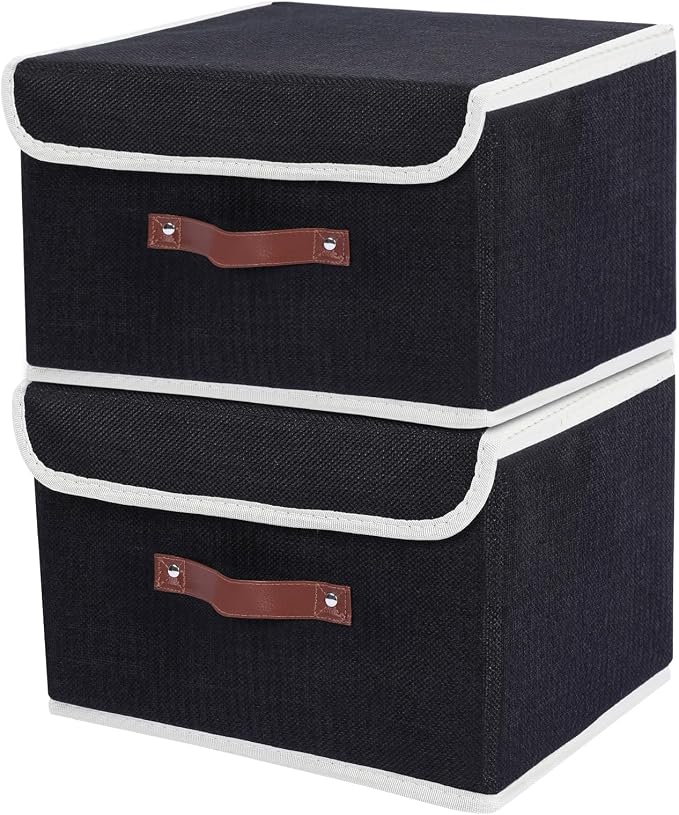 ANMINY Fabric Storage Box Bins with Lids, Black, 13"x9"x7.9", 2 Pack | Keepsake Memory Storage, Cotton Linen, PP Board Reinforced, Washable, PU Handles, Foldable & Stackable, Decorative, Medium by ANMINY