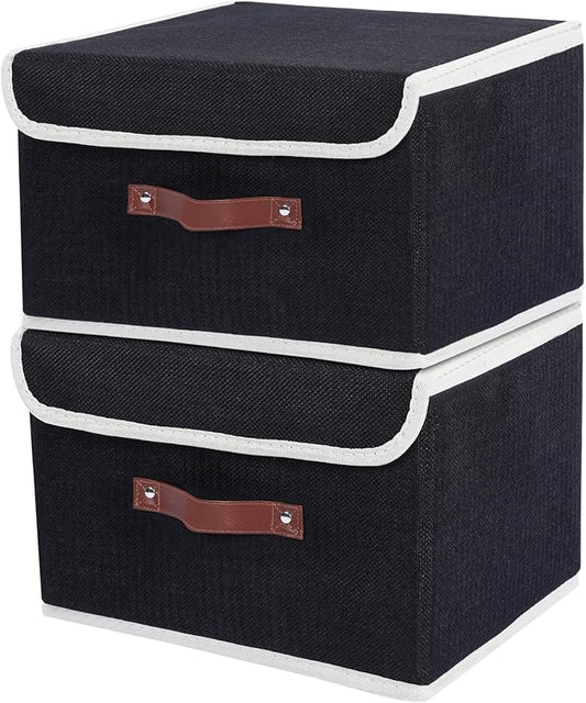 ANMINY Fabric Storage Box Bins with Lids, Black, 13"x9"x7.9", 2 Pack | Keepsake Memory Storage, Cotton Linen, PP Board Reinforced, Washable, PU Handles, Foldable & Stackable, Decorative, Medium by ANMINY