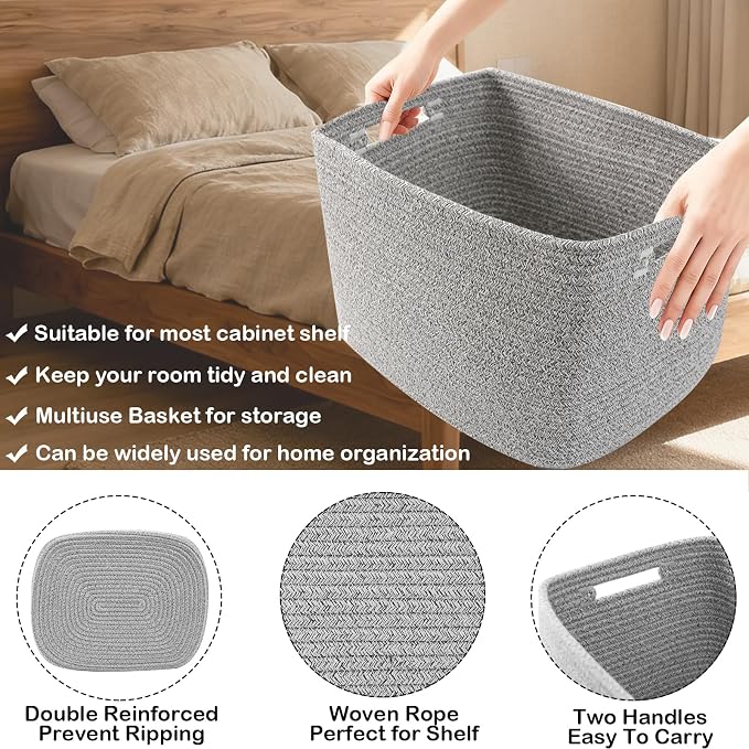 3 Pack Woven Baskets,Storage Baskets for Shelves with Handles | 13.5"×11"×9.5", Closet Baskets, Nursery Organizer for Toys Towels Books, Storage Bin for Living Room Bedroom (Mixed Grey) - Image 3