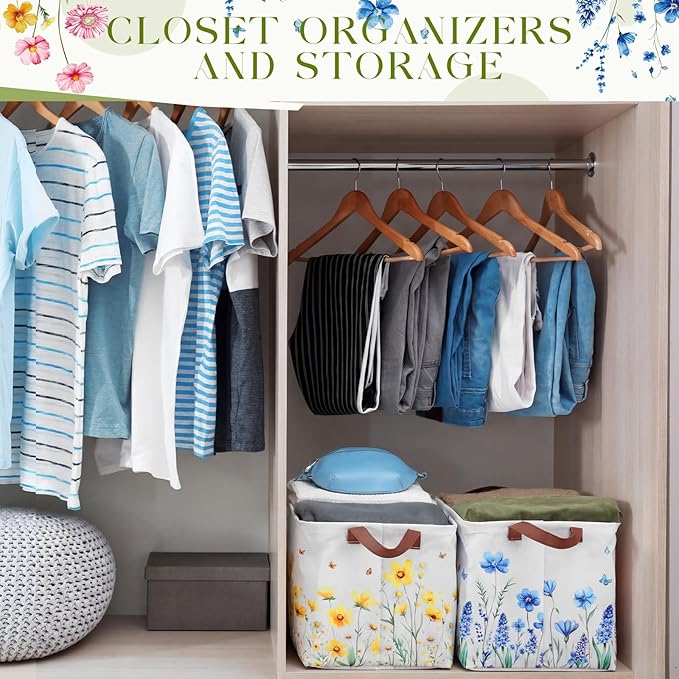 Fourluoo 6 Pack Floral Storage Basket with Handles Clothes Storage Basket Bin Foldable Box Bins Organizer for Closet Shelf Nursery Kid Room Book Toy Chest(6,Large) - Image 4