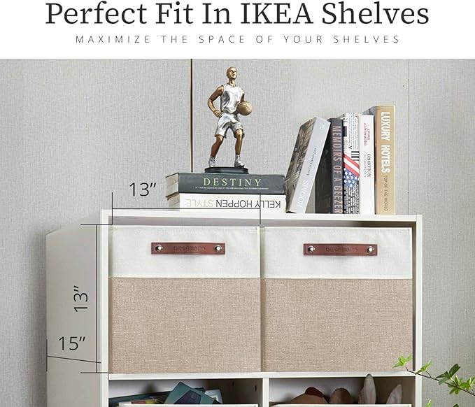 DECOMOMO Kallax Storage Cubes, Storage Baskets for Shelves 4-Pack | 13 x 15 x 13 Storage Bins, Baskets for Organizing Shelves (Beige & White) - Image 2