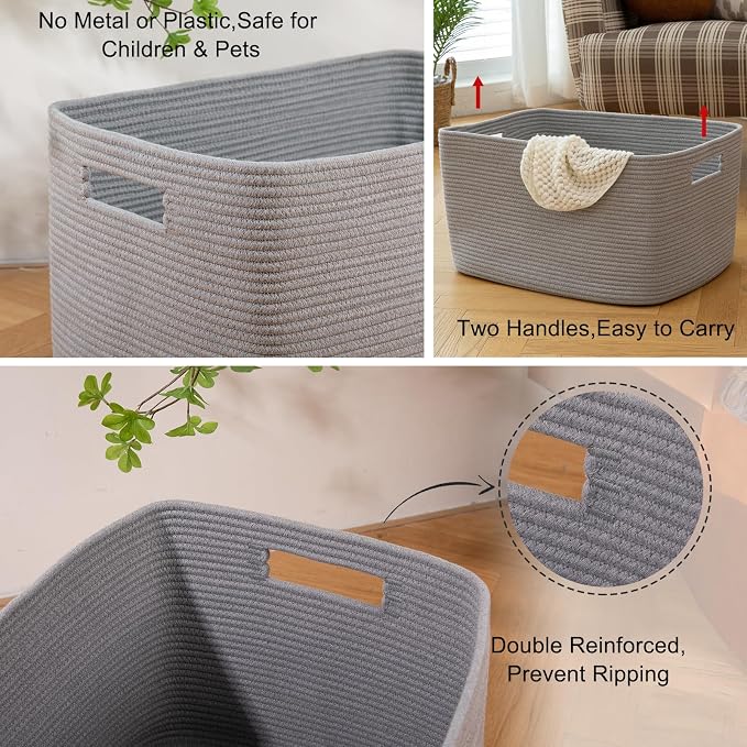 OIAHOMY 118L XXXLarge Rope Storage Basket, Oversized Blanket Basket Grey | 25" x 17" x 16" Used for Organizing Dirty Clothes in Living Room, Bedroom, Nursery, Extra Large Basket,Dog Toy Storage Bins - Image 6