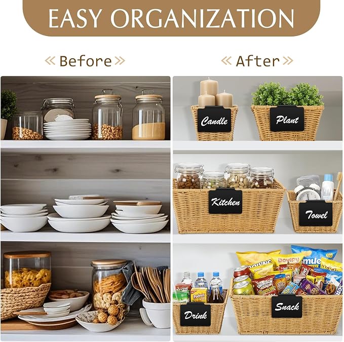 Marsui 6 Pcs Wicker Storage Baskets for Pantry Organization with Labels Handwoven Multi-size Natural Wicker Storage Bins for Organizing Small Baskets Container for Shelves Closet Toilet - Image 6