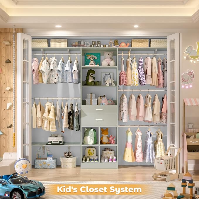 Closet System - 4.75-8FT Closet Organizer System with Wooden Drawers & Cube Storage Organizer, Up To 96" Closet Systems for Nursery & Walk-In Closets with Cuttable Hanging Shelving, Crab Green - Image 2