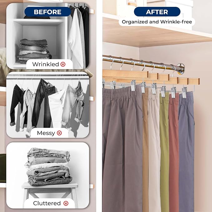 SereneLife Skirt and Pant Hanger, Premium Wooden, Natural, 20 Pack | Adjustable Non-Slip Steel Clips, Premium Wooden, 360° Swivel Hook, 10 lb Capacity, Space-Saving Heavy-Duty - Image 5