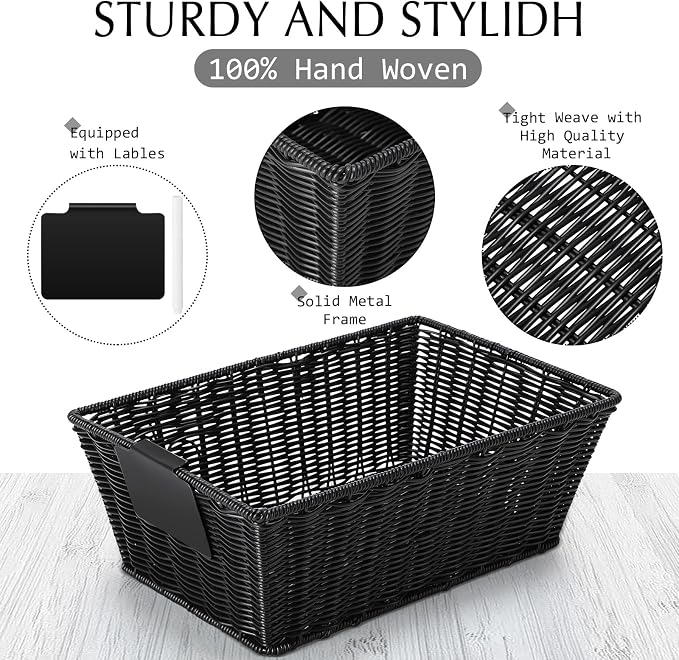 Marsui 6 Pcs Wicker Storage Baskets for Pantry Organization with Labels Handwoven Multi-size Black Wicker Storage Bins for Organizing Small Baskets Container for Shelves Closet Toilet - Image 3