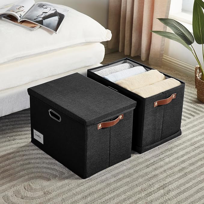 Roobyl 17" Large Fabric Storage Box with Lids, 3-Pack, Black | Stackable, Foldable, 2 PU Handles and 2 Metal Handles, Decorative Fabric, For Home, Bedroom, Closet, Office, Nursery - Image 2