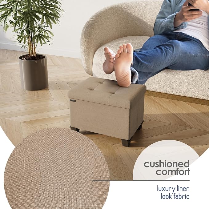 Storage Ottoman Cube with Small Bin, 16-in Square Ottoman with Storage for Living Room and Bedroom, Small Ottomans Foot Rest, Fabric Foot Stools Ottomans Max 330lbs, Taupe - Image 7