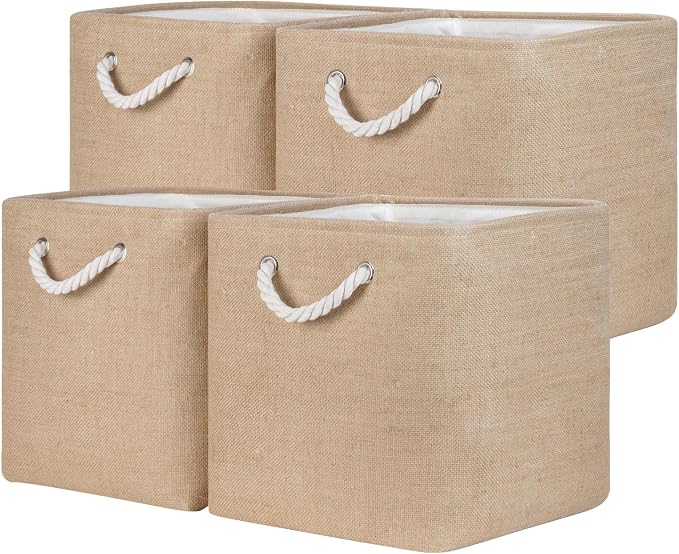 Temary Storage Baskets for Shelves 13 Inch Baskets for Gifts Empty, 4 Pack Shelf Baskets Decorative Storage Baskets Cube Collapsible Storage Bins Cubes with Handles for Storage (Linen Yellow) by TEMARY