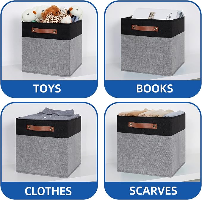 Temary Fabric Cube Storage Bins 12 Inch Decorative Storage Cubes Baskets 4 Pack Foldable Cube Storage Bins for Closet, Shelves (Black&Grey) - Image 4