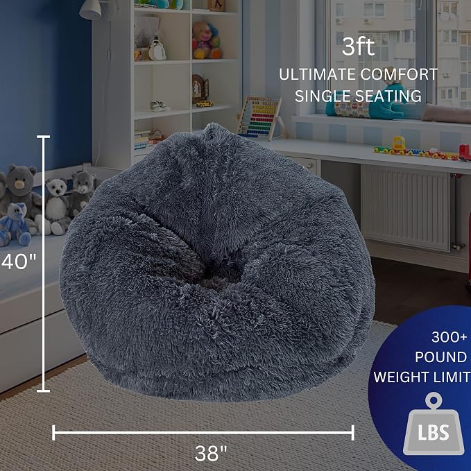 Bean Bag Stuffed Animal Storage Chair Cover (No Filler) for Kids and Adults. Extra Large Bird's Nest Beanbag Memory Foam Soft Premium (Castlerock Grey, 3 ft (Cover Only)) - Image 2