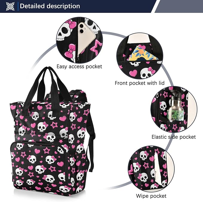 Mnsruu Diaper Bag Gothic Pink Hearts and Skulls Large Changing Backpack Multifunction Travel Tote Mommy Bag Baby Diaper Backpack for Mom Dad - Image 2