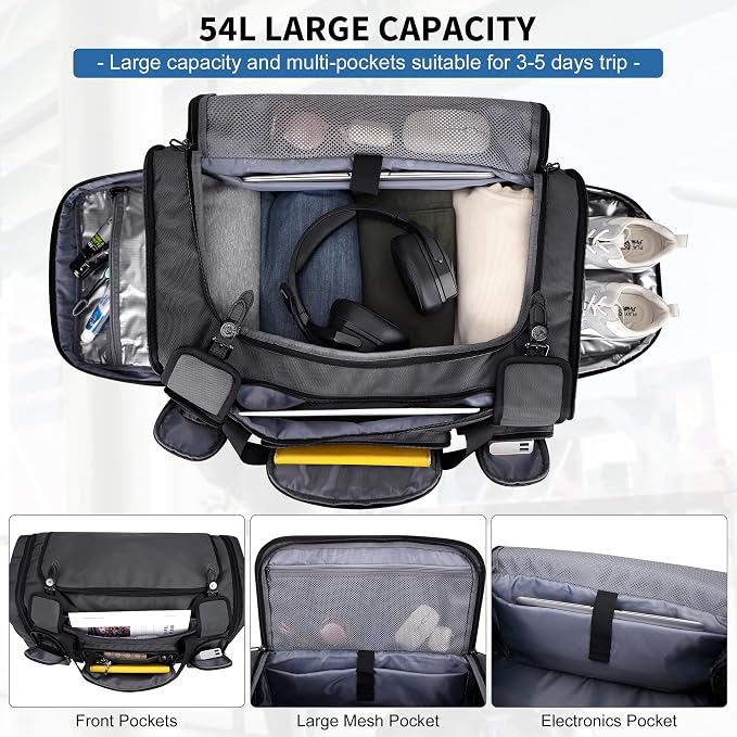 WITZMAN Duffle Bag for Men Large 54L Travel Duffel with Shoe Compartment | Water-resistant Nylon, Dry-wet Pocket, Fits 16" Laptop, Convertible for Gym, Weekender, Sports, Overnight, B717 Silvery Grey - Image 3