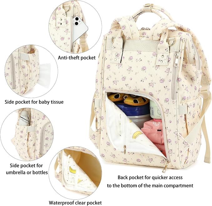 Corduroy Diaper Bag Backpack for Baby Girls Boys, Women Large Nappy Bags for Mom (Beige Corduroy Flowers Purple) - Image 4