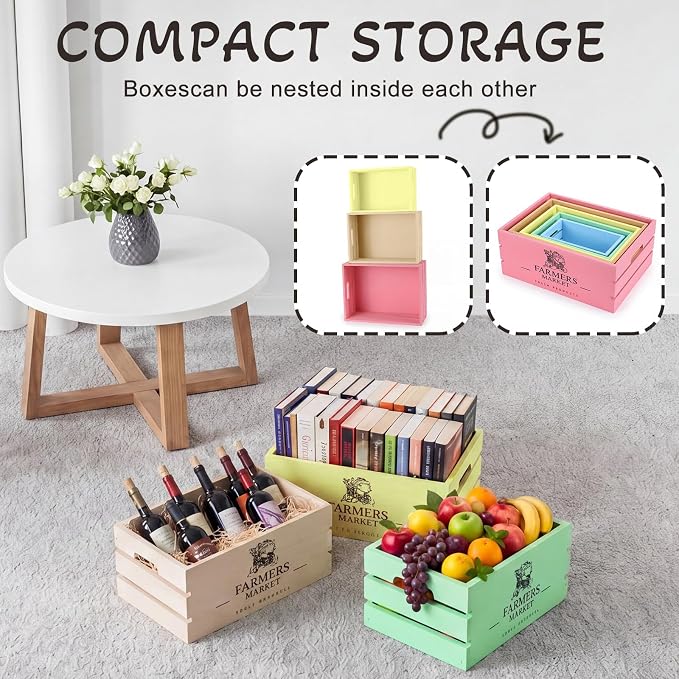 Barydat Set of 5 Wood Crates for Display Decorative Nesting Wooden Crate Storage with Handles Vintage Farmhouse Style Decorative Boxes Multipurpose Fruits Vegetables Boxes (Pastel,Elegant) - Image 7