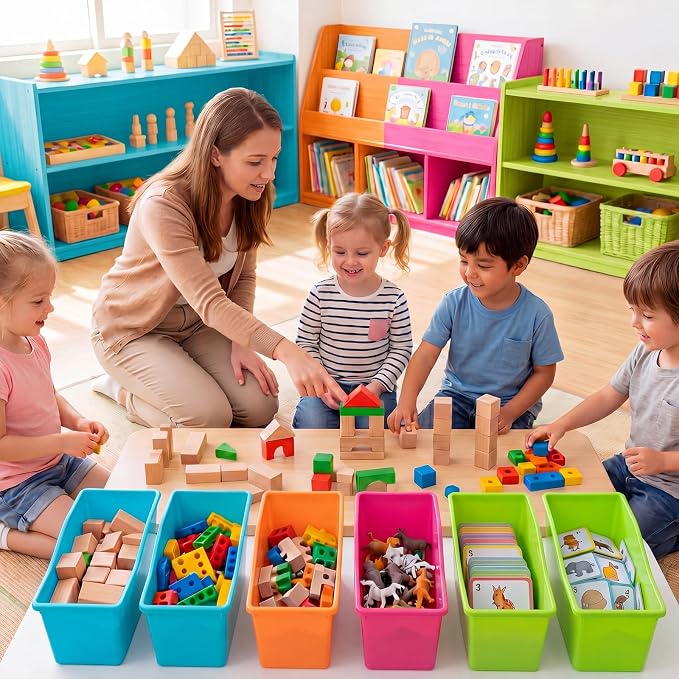 Geetery 12 Pcs Book Bin for Classroom with Labels Stackable Plastic Organizing Bins 11.5 x 5.4 x 7.5 in Book Holders Storage Bins Box Baskets for Classroom Library Home (Vibrant Color) - Image 6
