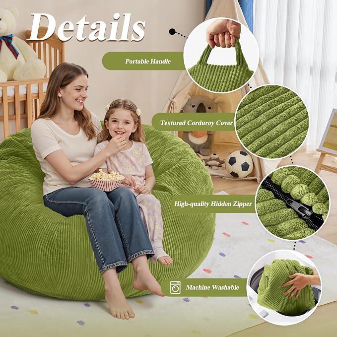 4FT Bean Bag Chair for Adults,Large Teardrop Beanbag with Filler | Beanbag Chair with Memory Foam Filled,Bean Bags with Handy Handle&Machine Washable Cover for Living Room,Bedroom-Green - Image 5