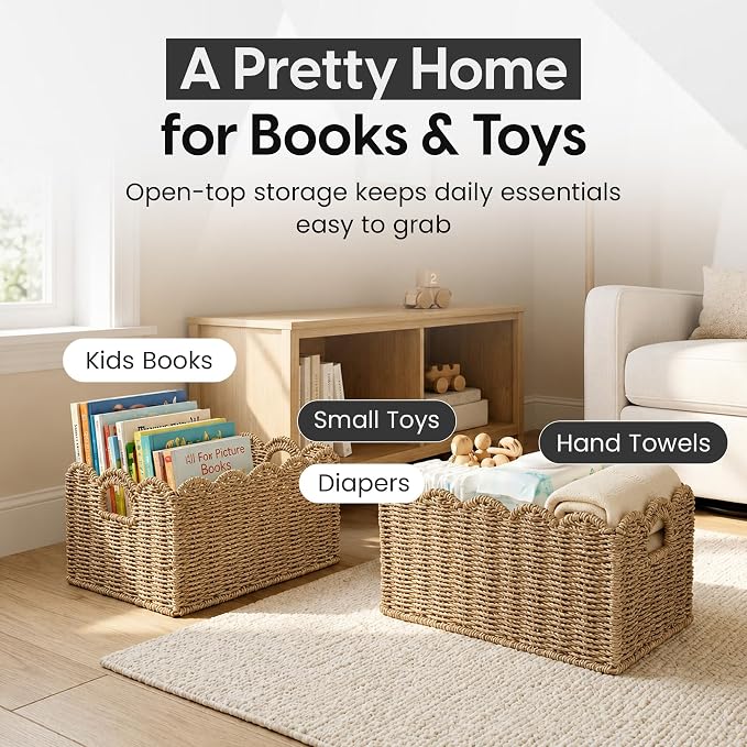 ByteX Scalloped Basket Set (2 Large Baskets) Seagrass Wicker Storage Baskets for Nursery & Kids Books | Decorative Scalloped Edge Rattan Style Book Basket for Toys, Shelves & Decor - Image 4