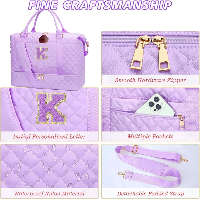 Bridesmaid Gifts Quilted Duffle Bag with Makeup Bag(Purple,K) | Birthday Gifts for Teen Girls-Overnight Bags with Toiletry Bag-Dance Bag with Shoe Compartment - Image 6