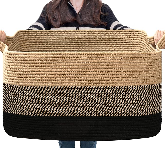 Goodpick Large Woven Blanket Basket, Rectangle, Black Jute, 75L | 21.6'' x 14.9'' x 11.8'' Wicker Storage Basket for Blankets & Toys, Living Room & Bedroom Organization, Reinforced Handles by Goodpick