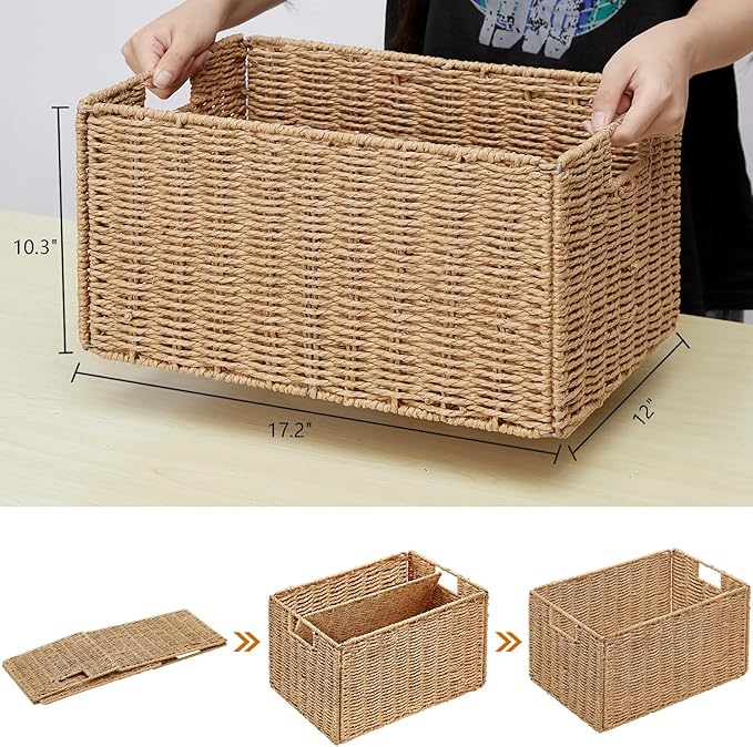 Wicker Storage Basket, Set of 2 Hand-Woven Paper Rope Wicker Basket, Small Storage Baskets for Organizing Toilet Paper Basket, Foldable Large Cube Storage Organizer Bins for Shelves (Natural) - Image 2