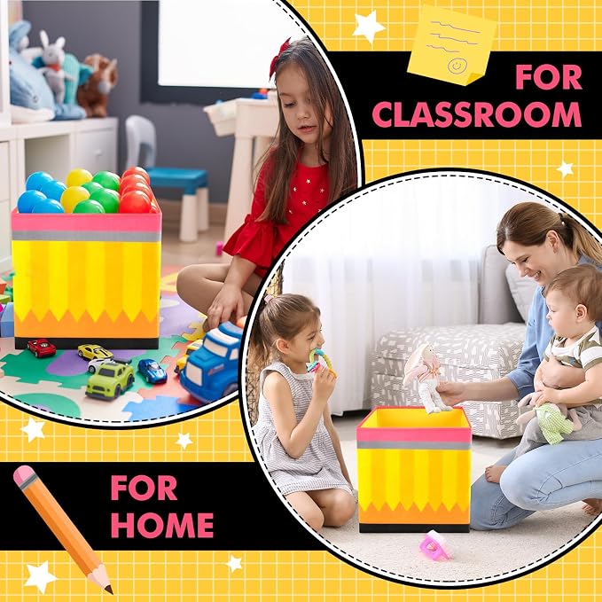 Demonwer 6 Pcs 11 Inch Fabric Storage Bins Pencil Themed Cubby Basket Bins with Handles Yellow Pencil Storage Containers for Back to School Decorations Office Home Organizer Supplies - Image 4