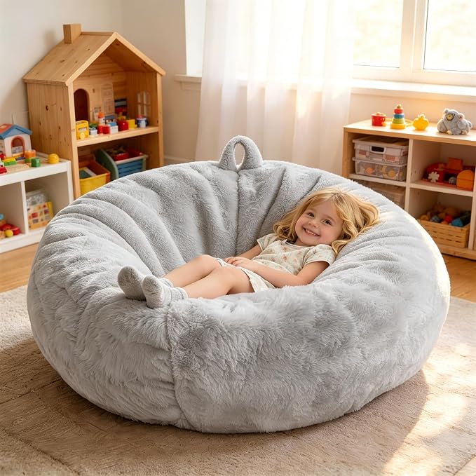 Faux Fur Bean Bag Cover (No Filler) Stuffed Animal Storage Adults Kids Gray | Bean Bag Covers Large Bean Bag Sofa for Kids Teens, furry fuzzy surface, for living room bedroom kids holiday gift by GurXien