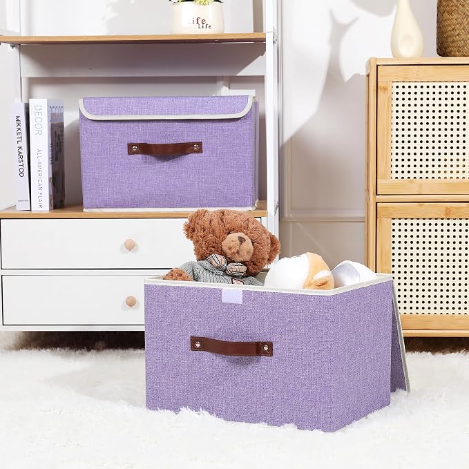 ANMINY Fabric Storage Box Bins with Lids, Purple, 15"x10"x10", 2 Pack | Keepsake Memory Storage, Cotton Linen, PP Board Reinforced, Washable, PU Handles, Foldable & Stackable, Decorative, Large - Image 6