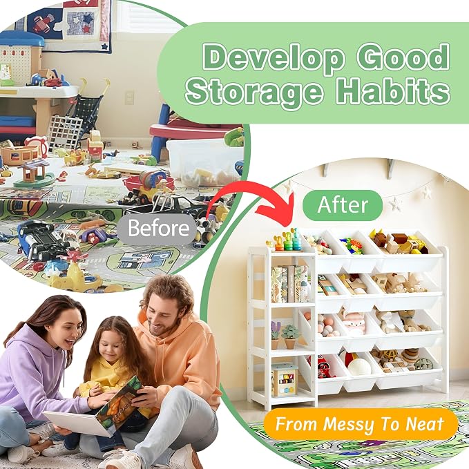 MallBest Toy Storage Organizer with Bookshelf, Kids Wooden Shelf with 12 Removable Bins for Books, Toys, Playroom, Nursery, Bedroom, White, Medium - Image 7