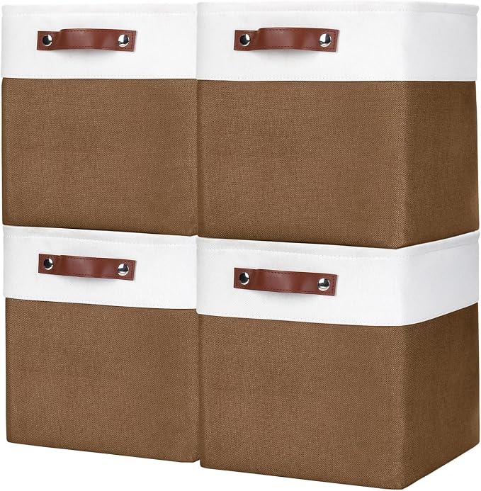Collapsible Fabric Storage Cubes 11x11 Cube Storage Bins, 4 Pack Closet Baskets Box with Handles for Organizing, Shelf, Toys, Clothes, Home, Office, Nursery (Brown&White) by Bagnizer