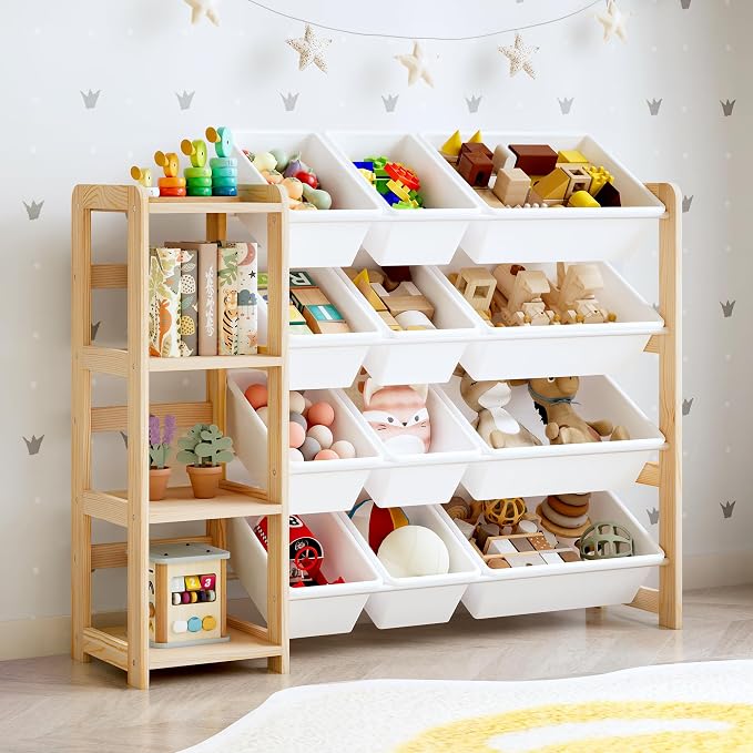 MallBest Toy Storage Organizer with Bookshelf, Kids Wooden Shelf with 12 Removable Bins for Books, Toys, Playroom, Nursery, Bedroom, Natural, Medium - Image 9
