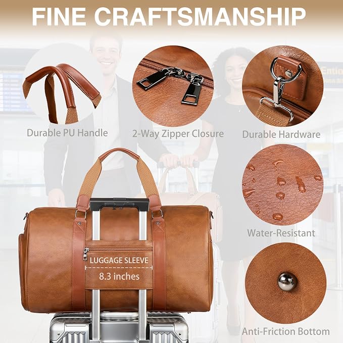Large 3-in-1 Leather Duffle Bag for Travel Weekender Overnight Hospital Gym Bag for Men & Women, Carry On Airline Approved Personal Item Duffel Garment Bag Luggage with Shoe Compartment & Toiletry Bag - Image 8