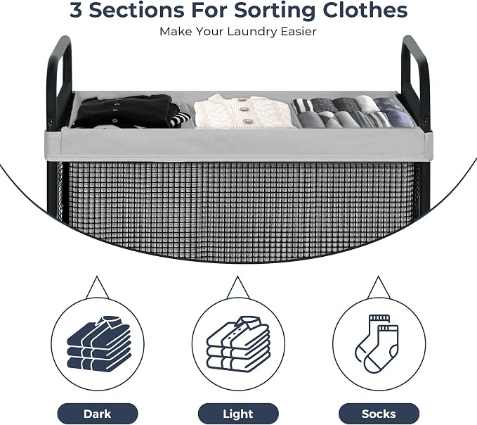 STO STO Laundry Hamper 3 Section, 120L Rolling Laundry Sorter Cart with Removable and Washable Liner Bag, Clothes Hamper with Wheels and Metal Handle for Laundry Room and Bedroom, Gray - Image 5